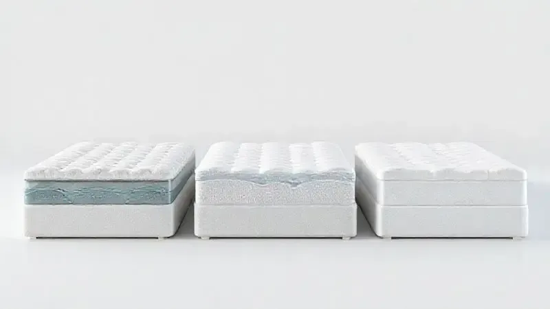 Representação conceitual de alternativas de colchões: modelos híbridos, de espuma e mais acessíveis em visualização 3D