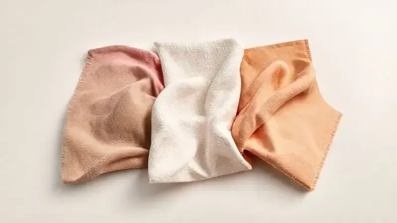 Cinco amostras de diferentes tipos de tecidos premium para cama box, como suede e linho, dispostas para comparação de textura.
