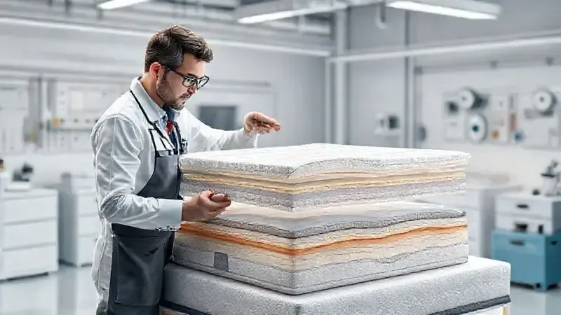 Ilustração conceitual de análise de qualidade de colchão mostrando camadas internas em laboratório