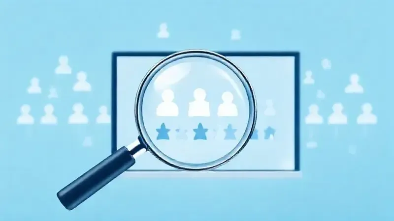 Representação visual de análise de reputação online com lupa sobre símbolos de feedback de clientes.