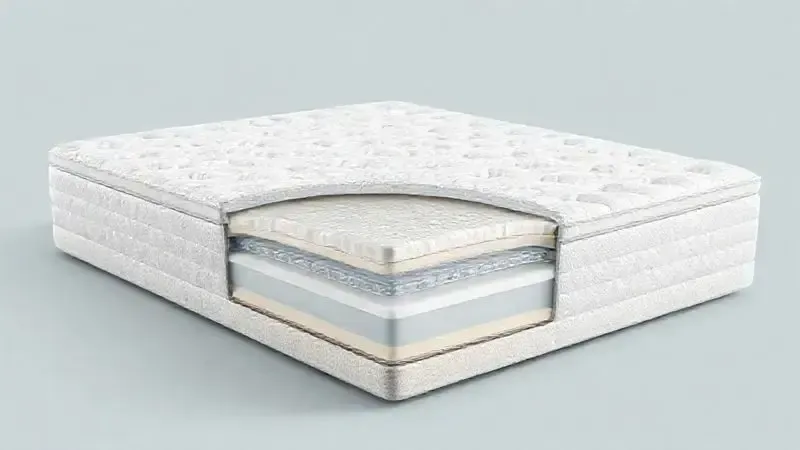 Visão em corte de camadas internas de colchão premium mostrando estrutura e materiais