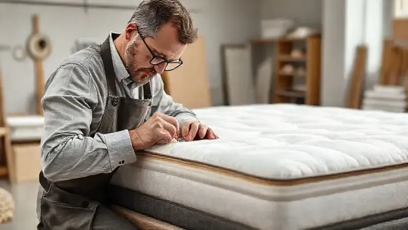 Ilustração 3D conceitual de um artesão costurando manualmente um colchão de luxo com materiais naturais, destacando a manufatura exclusiva.