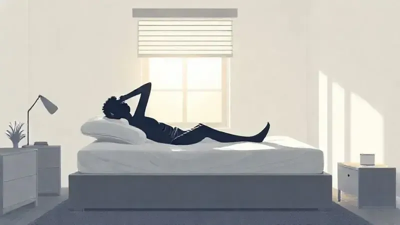Ilustração conceitual de uma pessoa acordando revigorada e sem dor nas costas após dormir em uma cama box ortopédica.