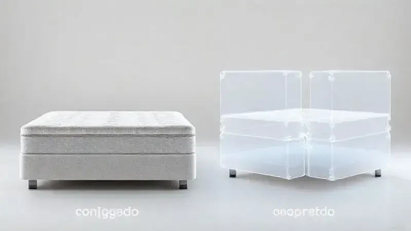 Render conceitual comparando uma base de cama box conjugada (única) e uma base de cama box separada (modular).