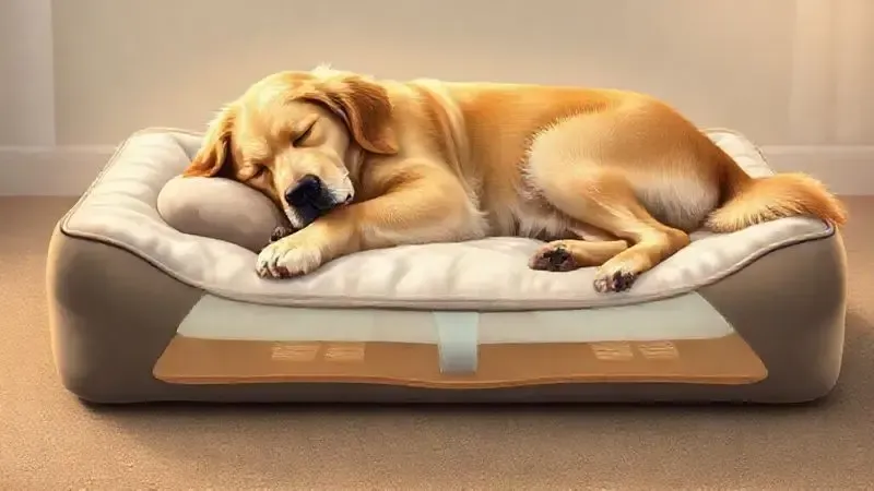 Ilustração digital de um cão grande dormindo confortavelmente em uma cama ortopédica que oferece suporte para as articulações.