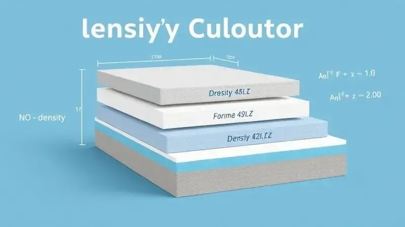 Ilustração conceitual mostrando como calcular a densidade de colchões de espuma com camadas e fórmulas técnicas.