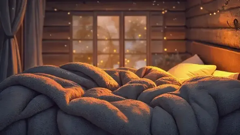 Renderização artística de uma cama aconchegante com cobertores grossos, sugerindo tecidos que armazenam calor para o inverno.