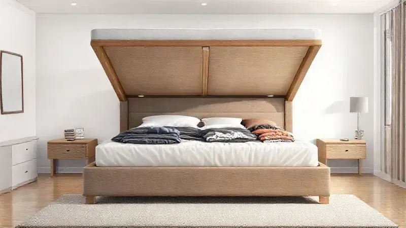 Ilustração realista de uma cama box king size com baú aberto, mostrando organização e otimização de espaço.