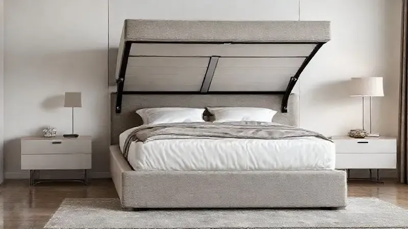 Renderização de quarto moderno com uma cama box king size aberta, mostrando o amplo espaço interno do baú para armazenamento.