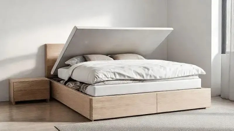 Renderização 3D de uma cama box com baú aberto, mostrando o interior organizado para maximizar o espaço de armazenamento.