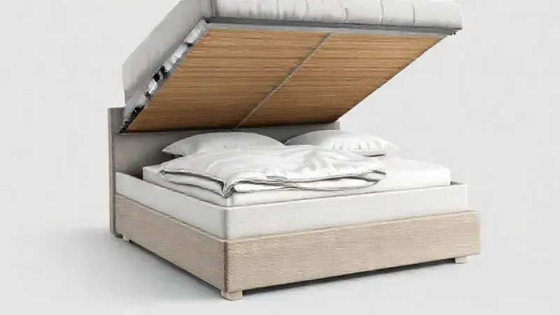 Ilustração de corte mostrando o compartimento de armazenamento (baú) de uma cama box solteiro.