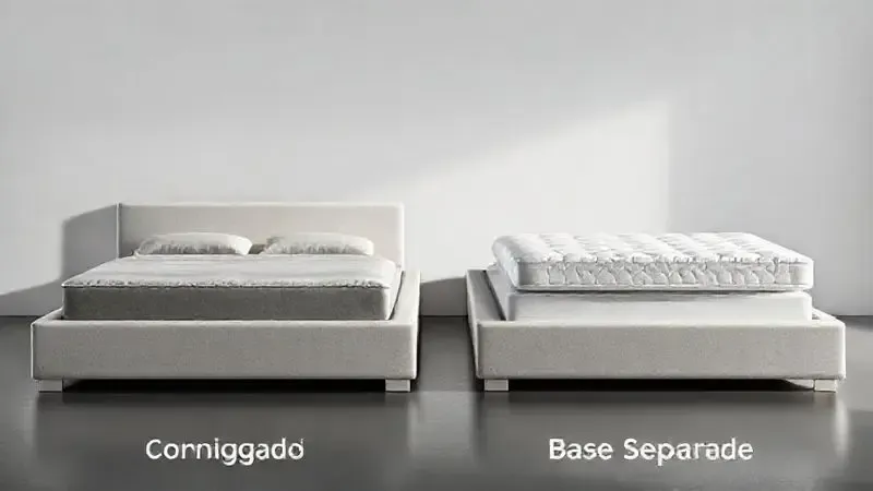 Comparação visual entre cama box conjugada (peça única) e cama box com base separada (colchão removível).