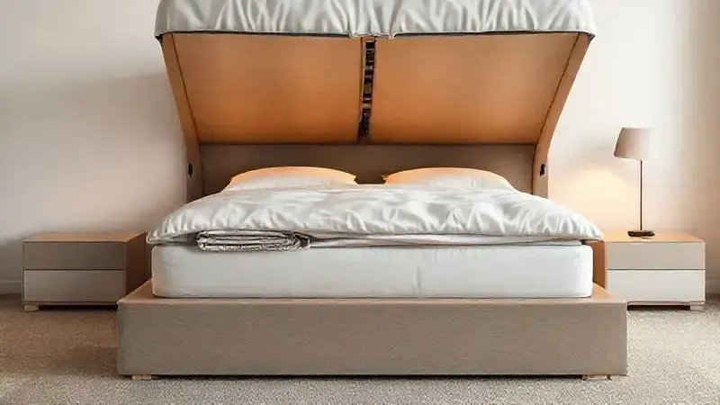 Renderização 3D de uma cama box queen com baú aberto, mostrando o amplo espaço de armazenamento interno.