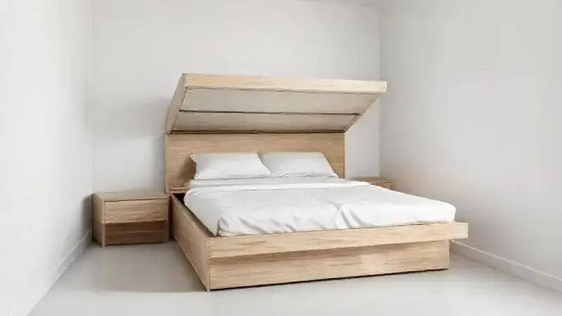 Render artístico de uma cama box baú solteiro com gaveta auxiliar para otimização de espaço.