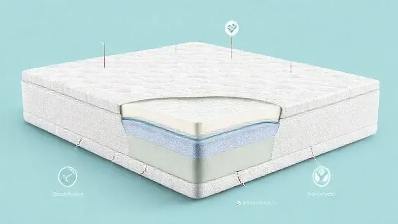 Ilustração 3D em corte de um colchão mostrando camadas internas e símbolos de qualidade e durabilidade.