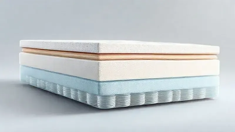Ilustração das camadas de conforto em colchão com molas ensacadas e diferentes tipos de espuma