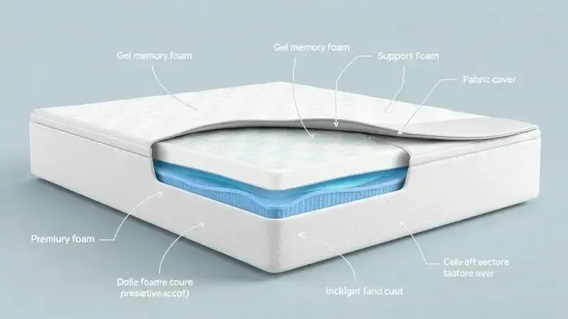 Visão conceitual em corte das camadas internas de um colchão premium de gel