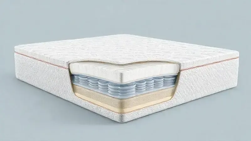 Ilustração 3D mostrando as camadas internas de um colchão, destacando molas ensacadas e espuma de alta densidade para suporte de peso.