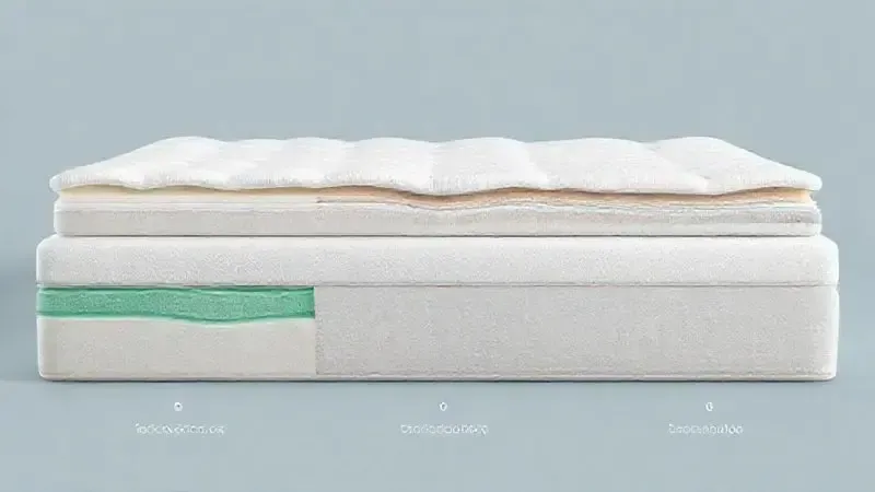Ilustração 3D mostrando camadas e materiais internos comparativos de colchões ortopédicos