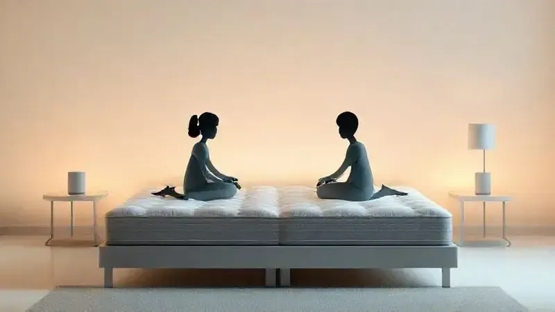 Ilustração 3D de casal avaliando firmeza do colchão em cena conceitual de escolha