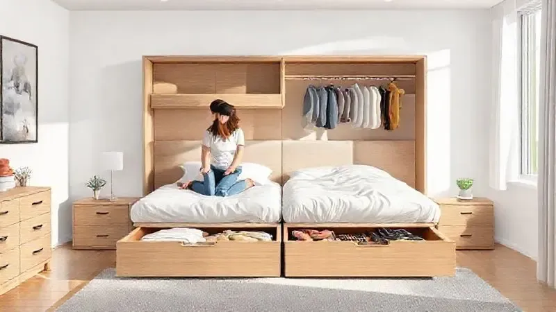 Casal acessando a organização e o espaço de armazenamento duplo de uma cama baú bipartida.