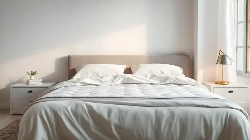 Cena conceitual de quarto sereno com colchão premium ilustrando conforto e qualidade de sono