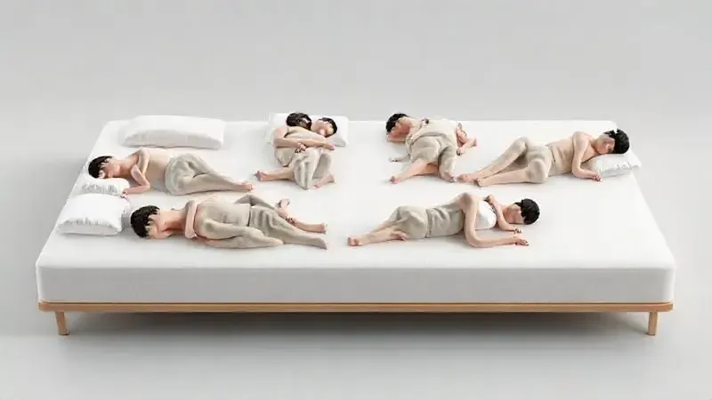 Ilustração conceitual mostrando diferentes posições de dormir e como o colchão se adapta a cada biotipo
