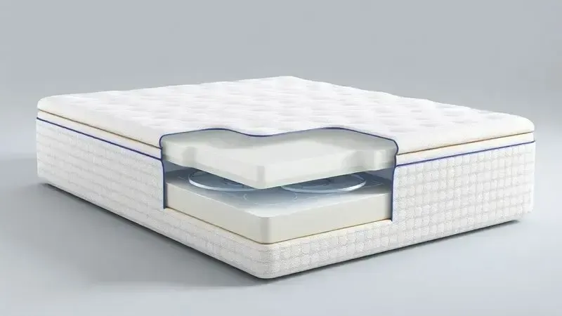 Ilustração conceitual mostrando a combinação de molas ensacadas com camadas de espuma em colchão híbrido.