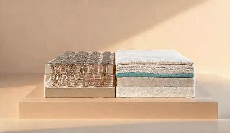 Comparação conceitual entre colchão de molas e colchão de espuma com cortes que revelam suas estruturas internas.