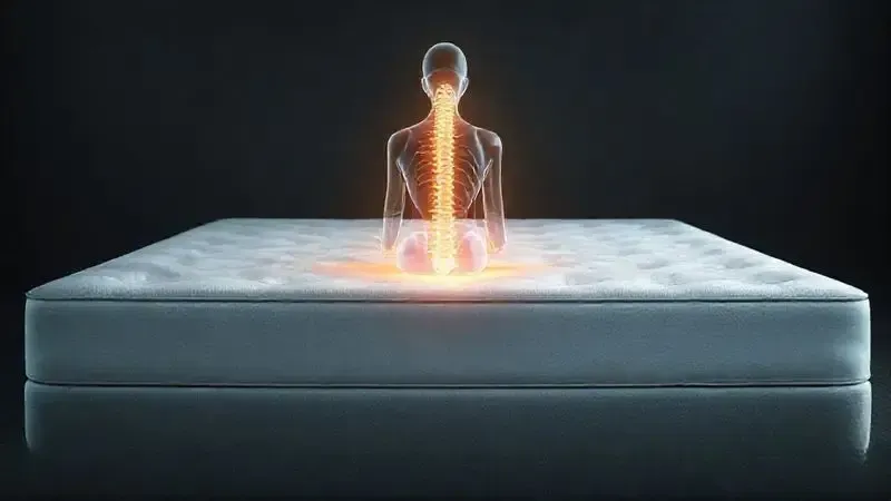 Ilustração conceitual da coluna vertebral perfeitamente alinhada em um colchão, representando o suporte ergonômico ideal.