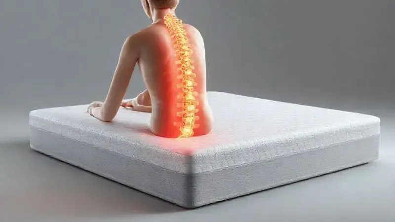 Ilustração conceitual da coluna vertebral alinhada sobre um colchão demonstrando o suporte ortopédico adequado.