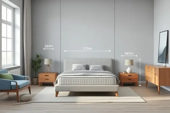Cama box conceitual em quarto moderno, com elementos visuais que representam conforto e dimensões