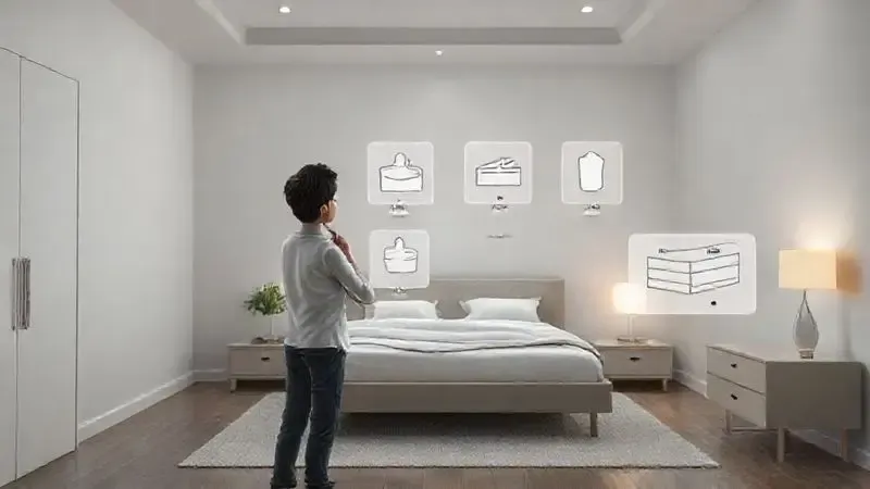 Ilustração conceitual de uma pessoa ponderando diferentes critérios para escolher a melhor cama box queen, focando em tamanho e funcionalidade.