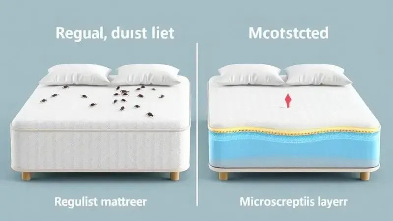 Ilustração comparativa mostrando diferença entre colchão comum e antiácaro com barreira protetora microscópica