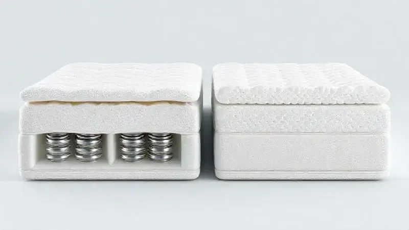 Renderização 3D comparativa da estrutura interna de um colchão de molas ensacadas e um de espuma, mostrando suas composições.