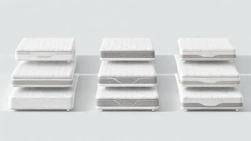 Comparação visual de diferentes tipos de colchões alternativos ao Emma One em layout minimalista