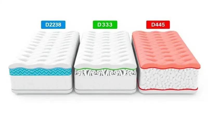 Comparação visual em 3D de três colchões com densidades D28, D33 e D45 mostrando estruturas internas diferentes.