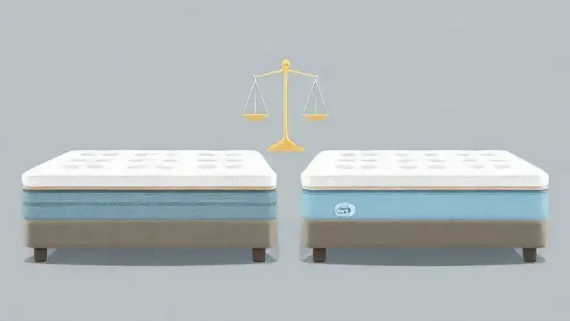 Ilustração conceitual de duas camas lado a lado com um elemento gráfico sutil de comparação, representando a escolha entre marcas.