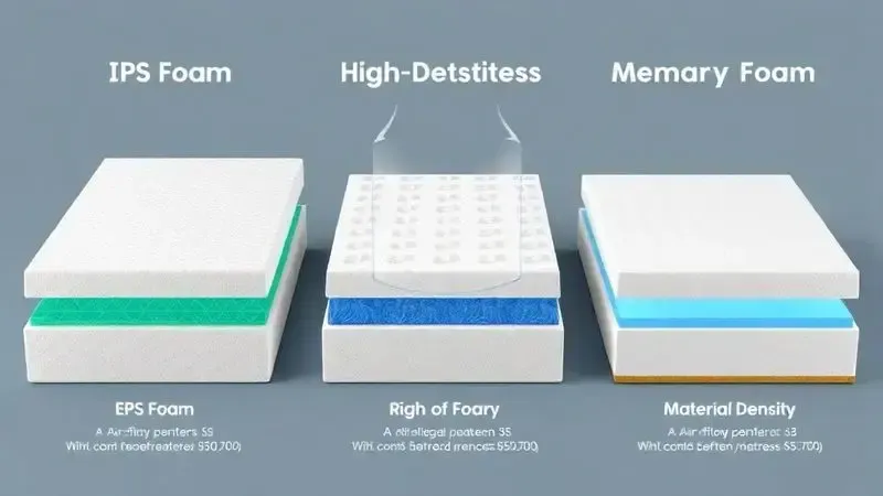Comparação conceitual entre estruturas de diferentes materiais para colchões mostrando densidade e fluxo de ar.