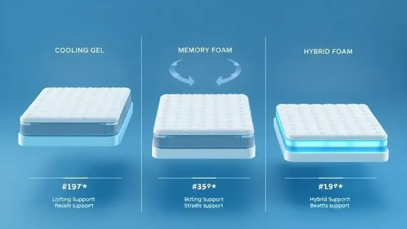Ilustração 3D conceitual de modelos de colchão com diferentes tecnologias em comparação visual