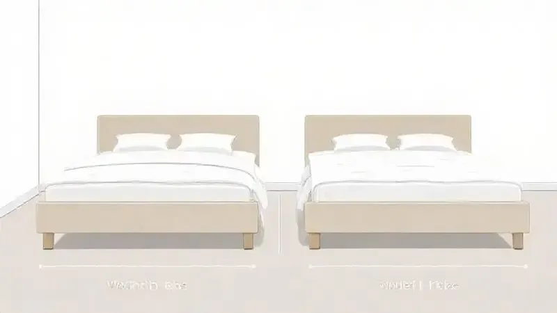 Ilustração comparando visualmente as dimensões da cama viúva e da cama de casal padrão em um quarto minimalista.