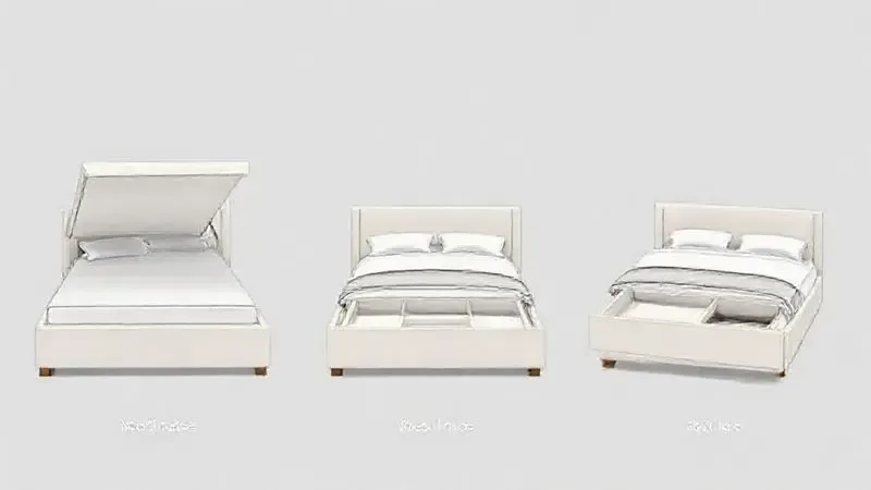 Ilustração comparativa de três tipos de cama box baú: elevatória, com gavetas e com compartimento deslizante.