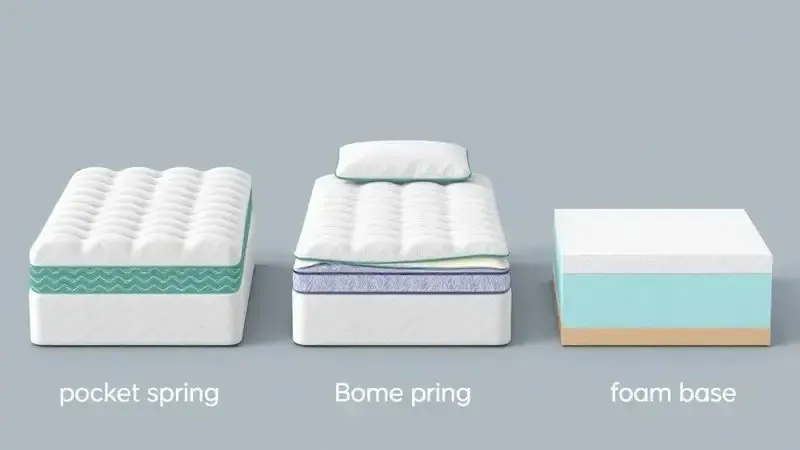 Comparação visual entre diferentes sistemas de suporte: molas ensacadas, Bonnel e espuma