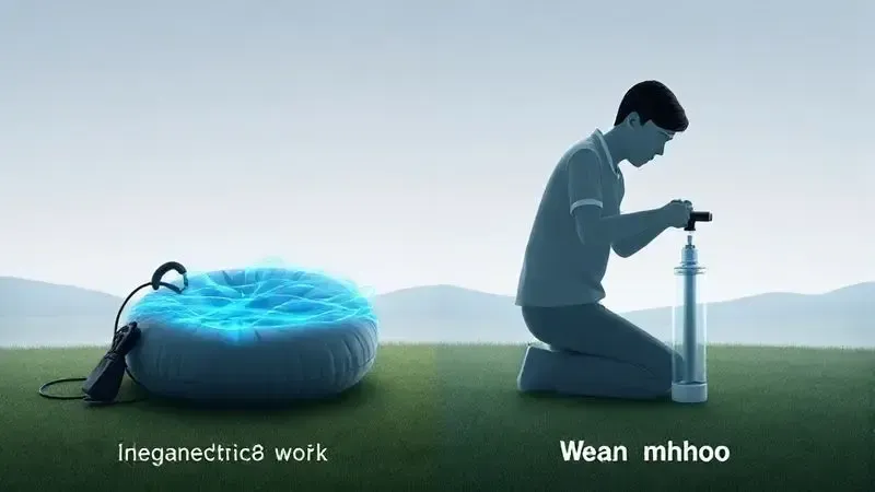 Comparativo conceitual entre métodos de bombeamento elétrico integrado e manual para colchão inflável
