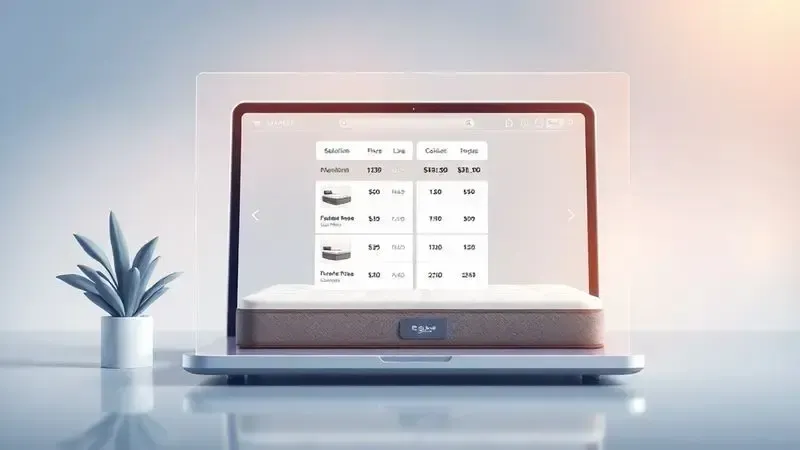 Ilustração conceitual de interface de compra online com comparação de preços de colchões