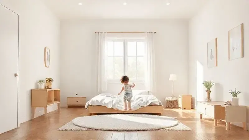 Ilustração de criança explorando seu quarto com facilidade e autonomia ao sair de uma cama baixa Montessoriana.