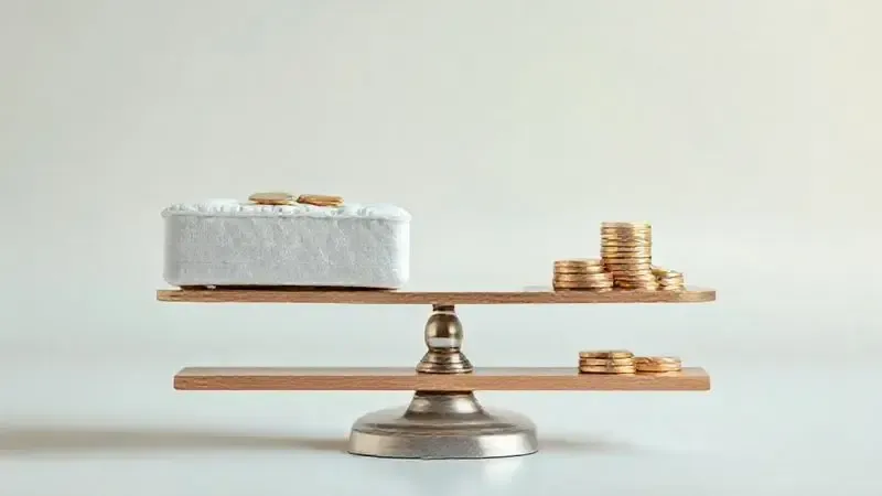 Ilustração conceitual mostrando balança entre colchão e moedas representando custo-benefício