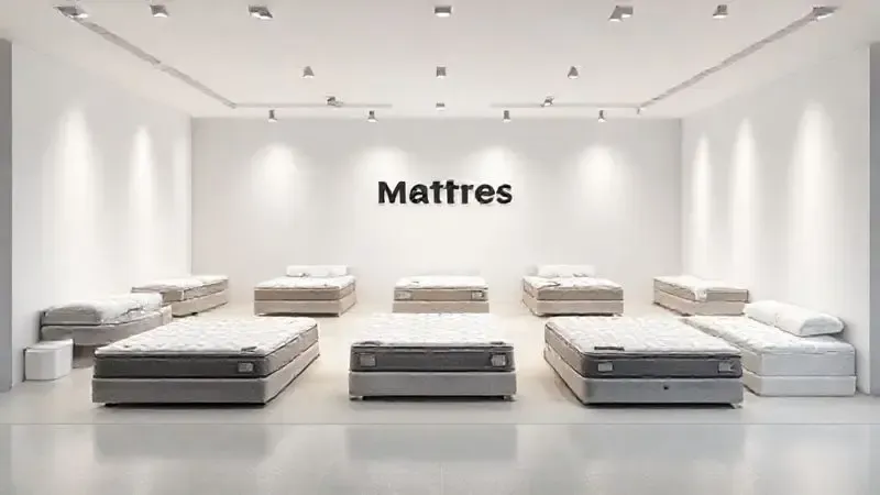 Conceito visual de uma linha de colchões em ambiente moderno, representando diversidade de modelos e estilos.