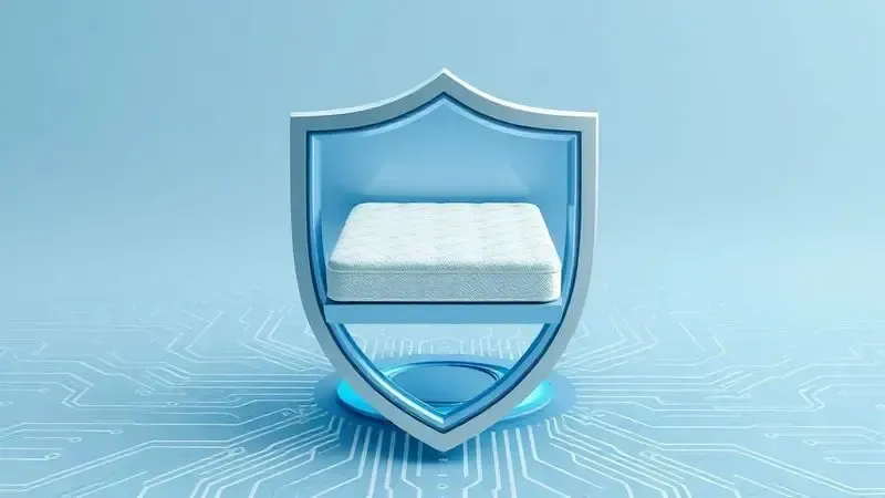 Ilustração conceitual 3D de marca confiável com símbolo de escudo e estrutura de colchão integrada