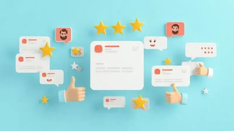 Ilustração conceitual de satisfação do cliente com elementos simbólicos de avaliações positivas